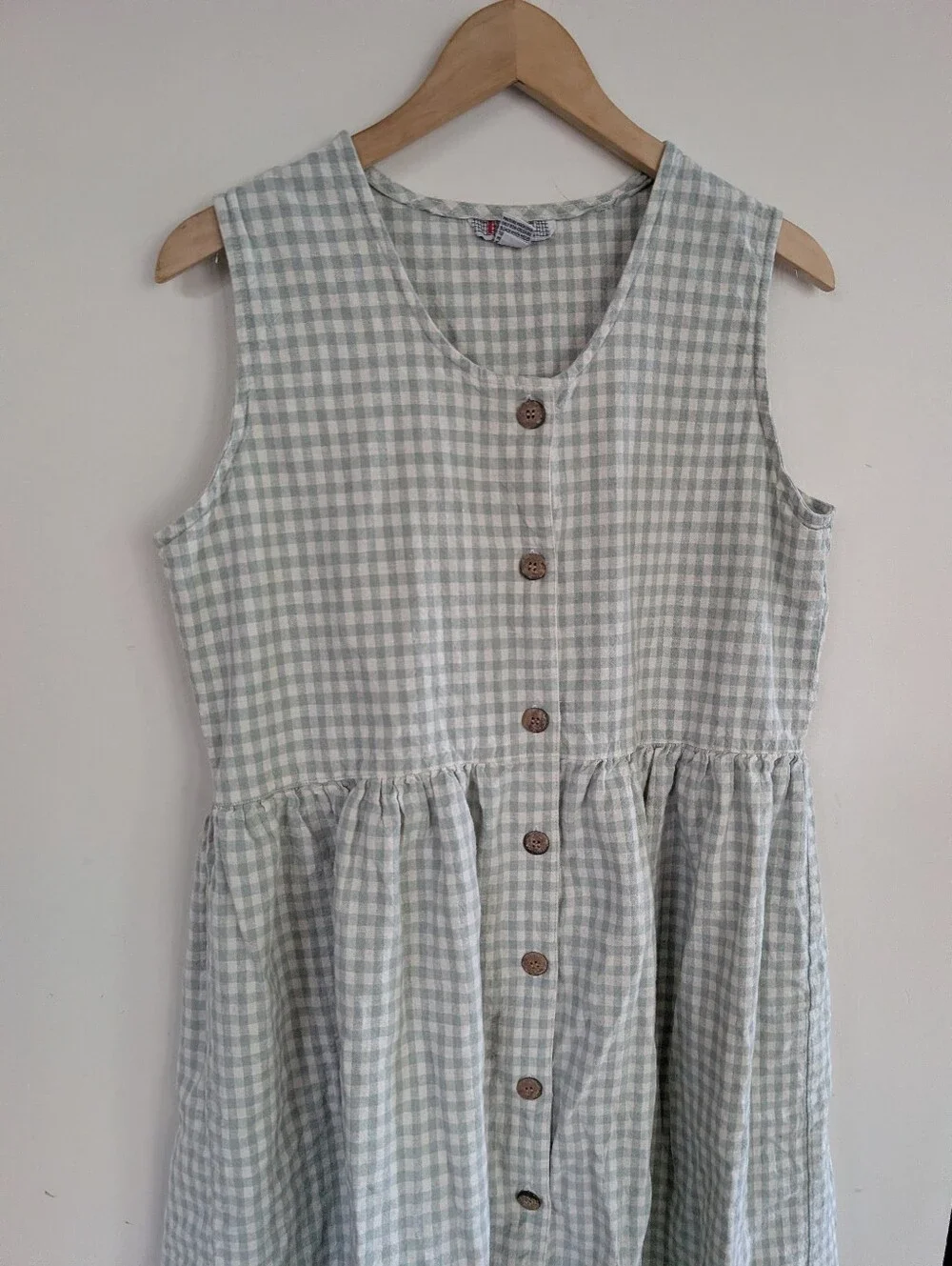 Vintage FADS 90s 1990s Sleeveless Light Green Gingham Button-Front Dress 14